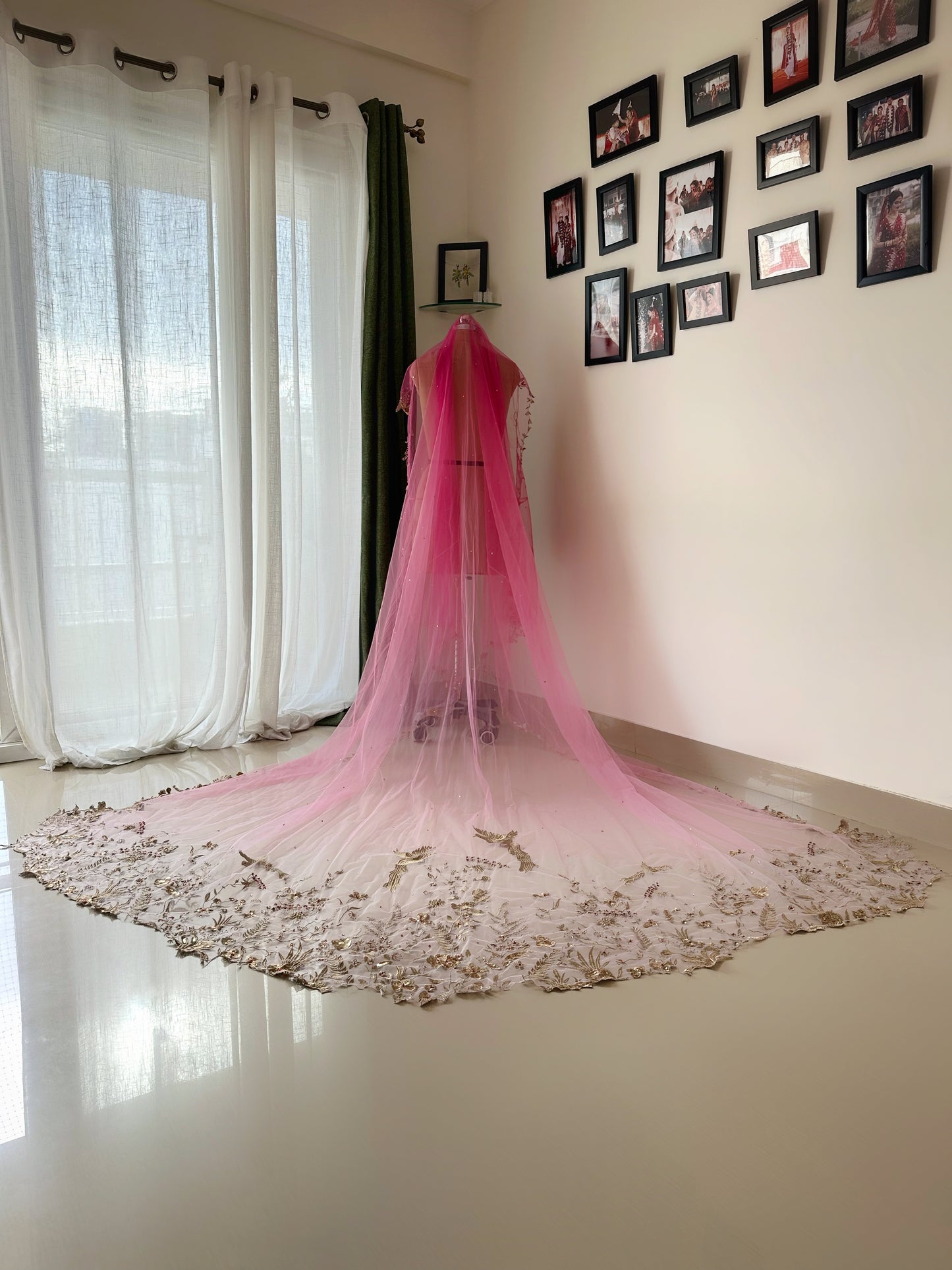 Trail of Wings - Ombre Pink Bridal Veil with Gold Embroidery & Custom Mantra Quote