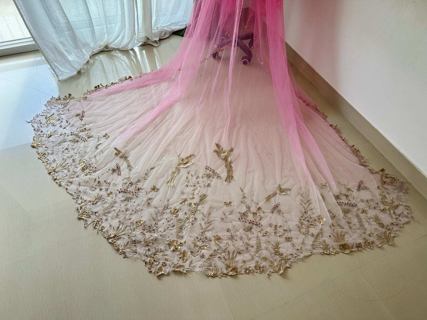 Trail of Wings - Ombre Pink Bridal Veil with Gold Embroidery & Custom Mantra Quote