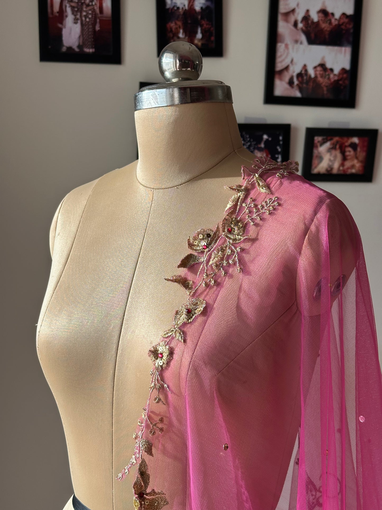 Trail of Wings - Ombre Pink Bridal Veil with Gold Embroidery & Custom Mantra Quote