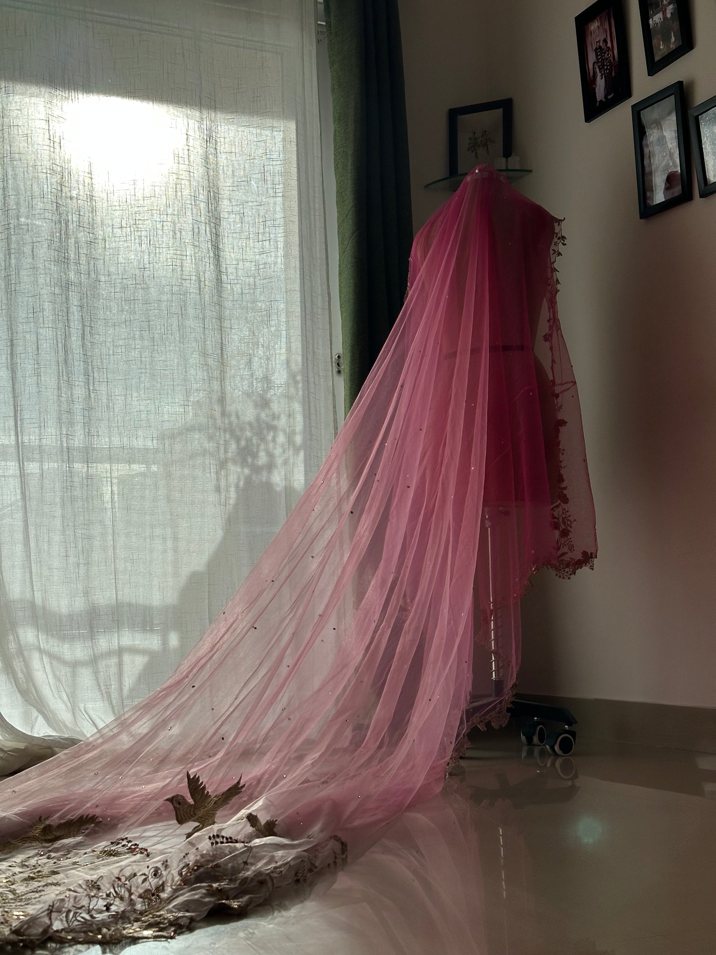 Trail of Wings - Ombre Pink Bridal Veil with Gold Embroidery & Custom Mantra Quote