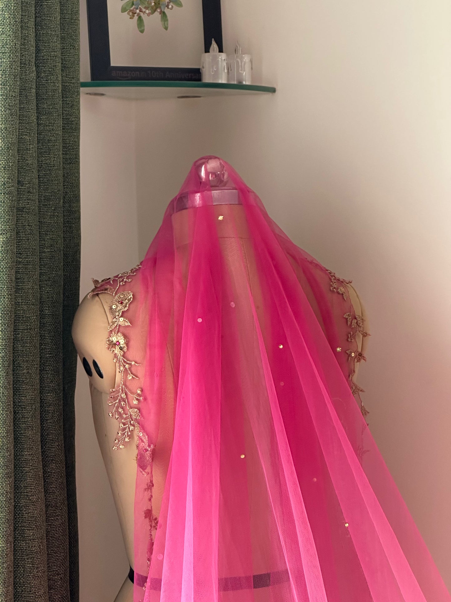 Trail of Wings - Ombre Pink Bridal Veil with Gold Embroidery & Custom Mantra Quote