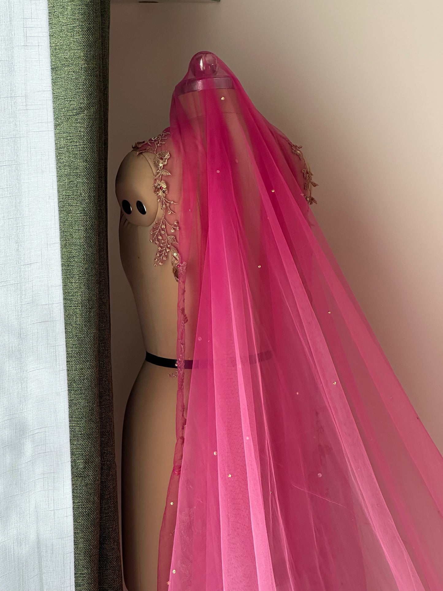 Trail of Wings - Ombre Pink Bridal Veil with Gold Embroidery & Custom Mantra Quote