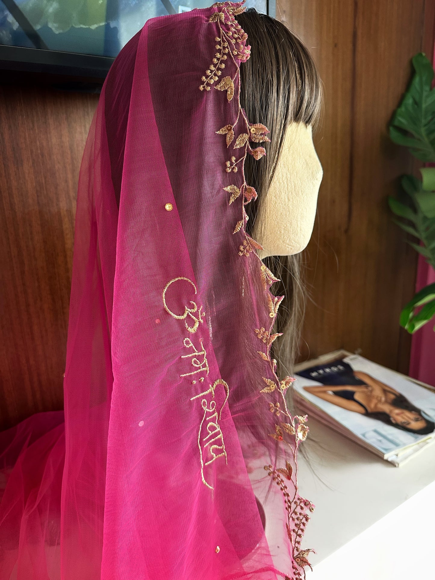Trail of Wings - Ombre Pink Bridal Veil with Gold Embroidery & Custom Mantra Quote