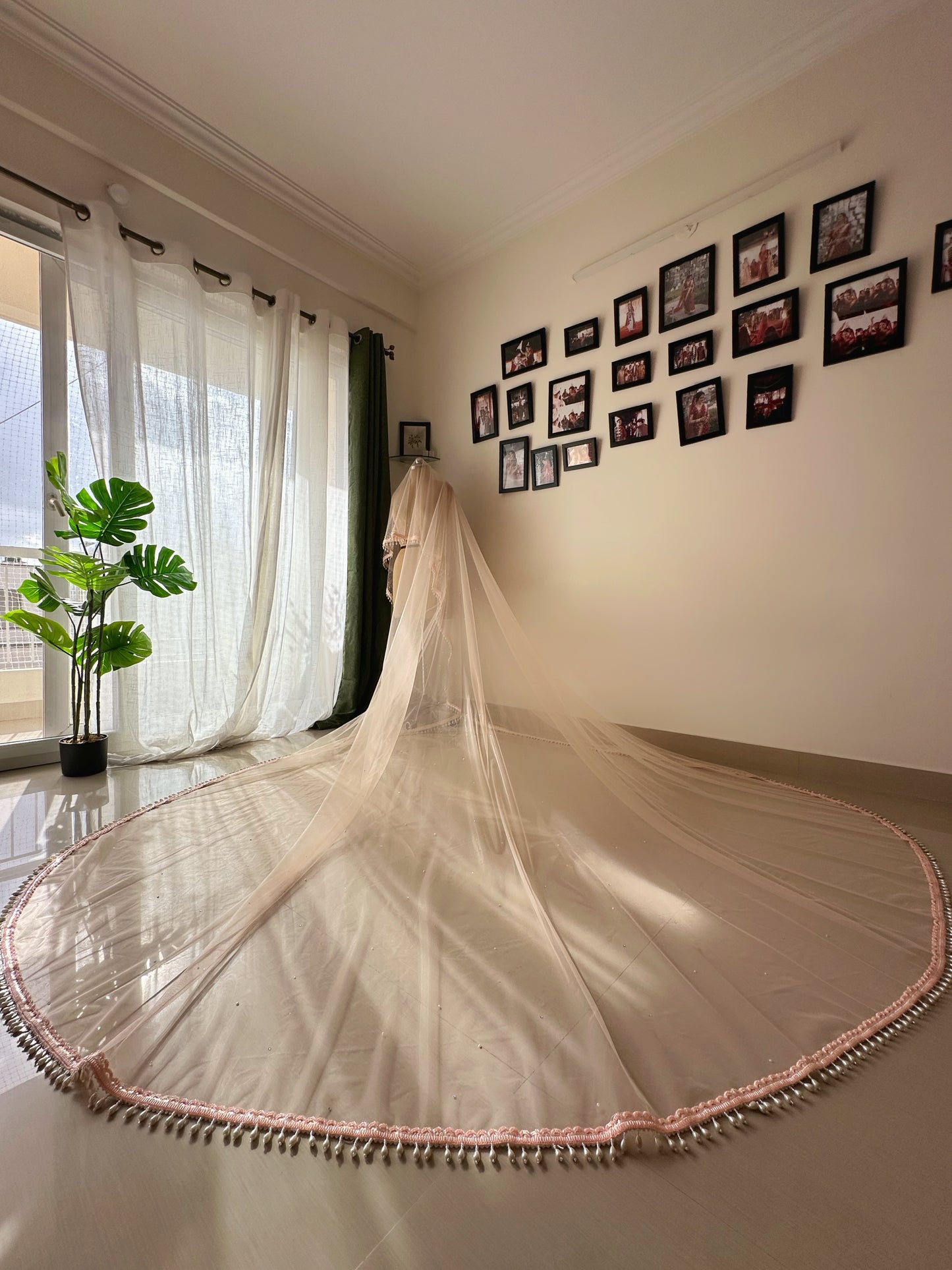 Peach Ombre Pearl-Stone Bridal Veil | Cathedral Length with Pearl Drops