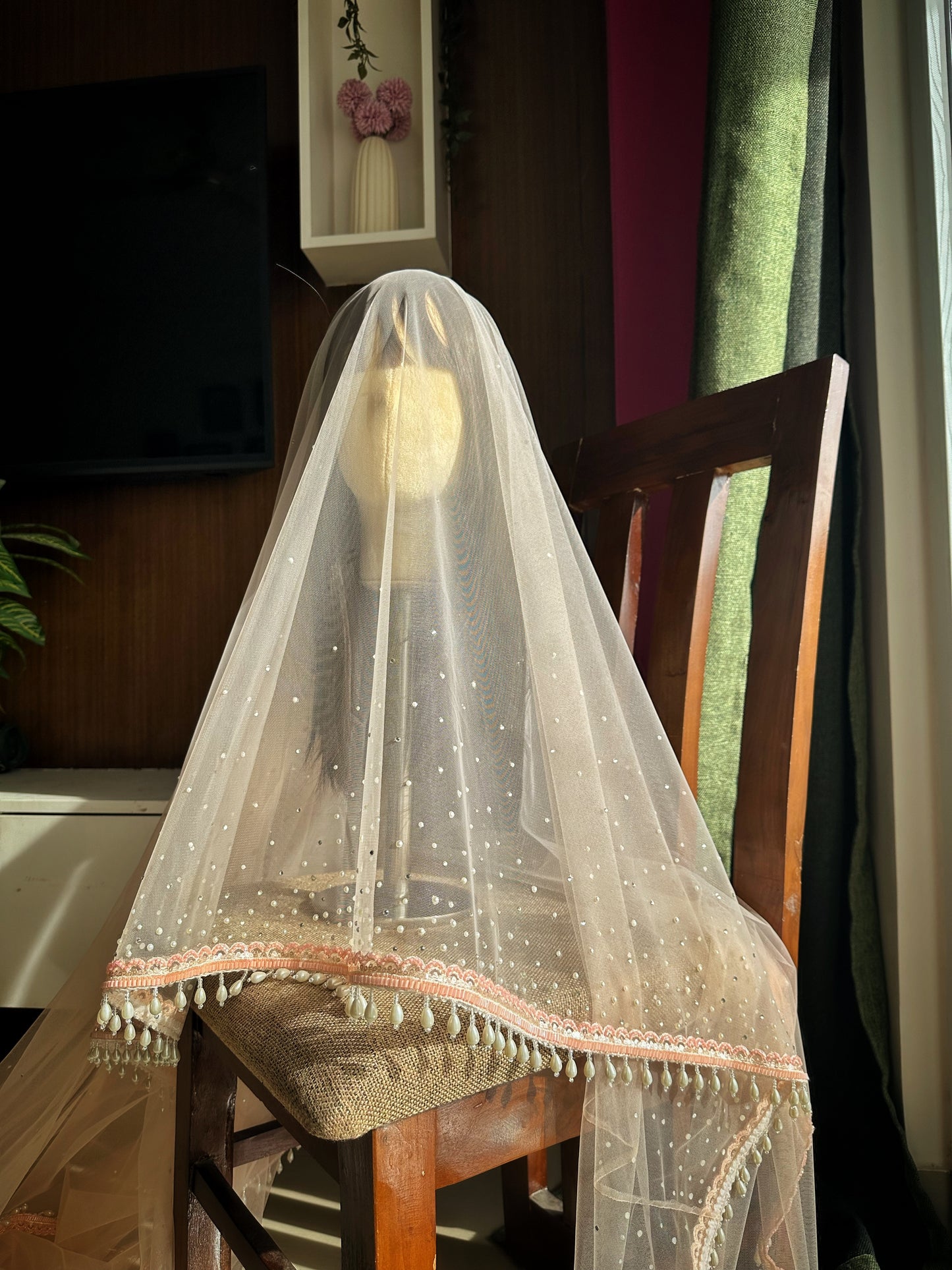 Peach Ombre Pearl-Stone Bridal Veil | Cathedral Length with Pearl Drops