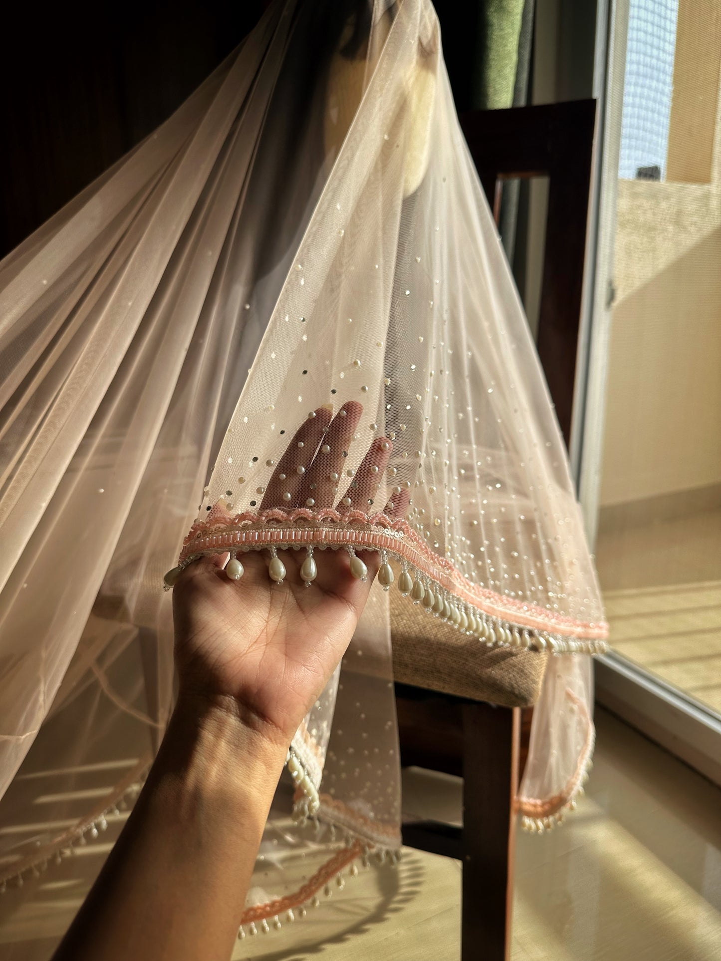 Peach Ombre Pearl-Stone Bridal Veil | Cathedral Length with Pearl Drops