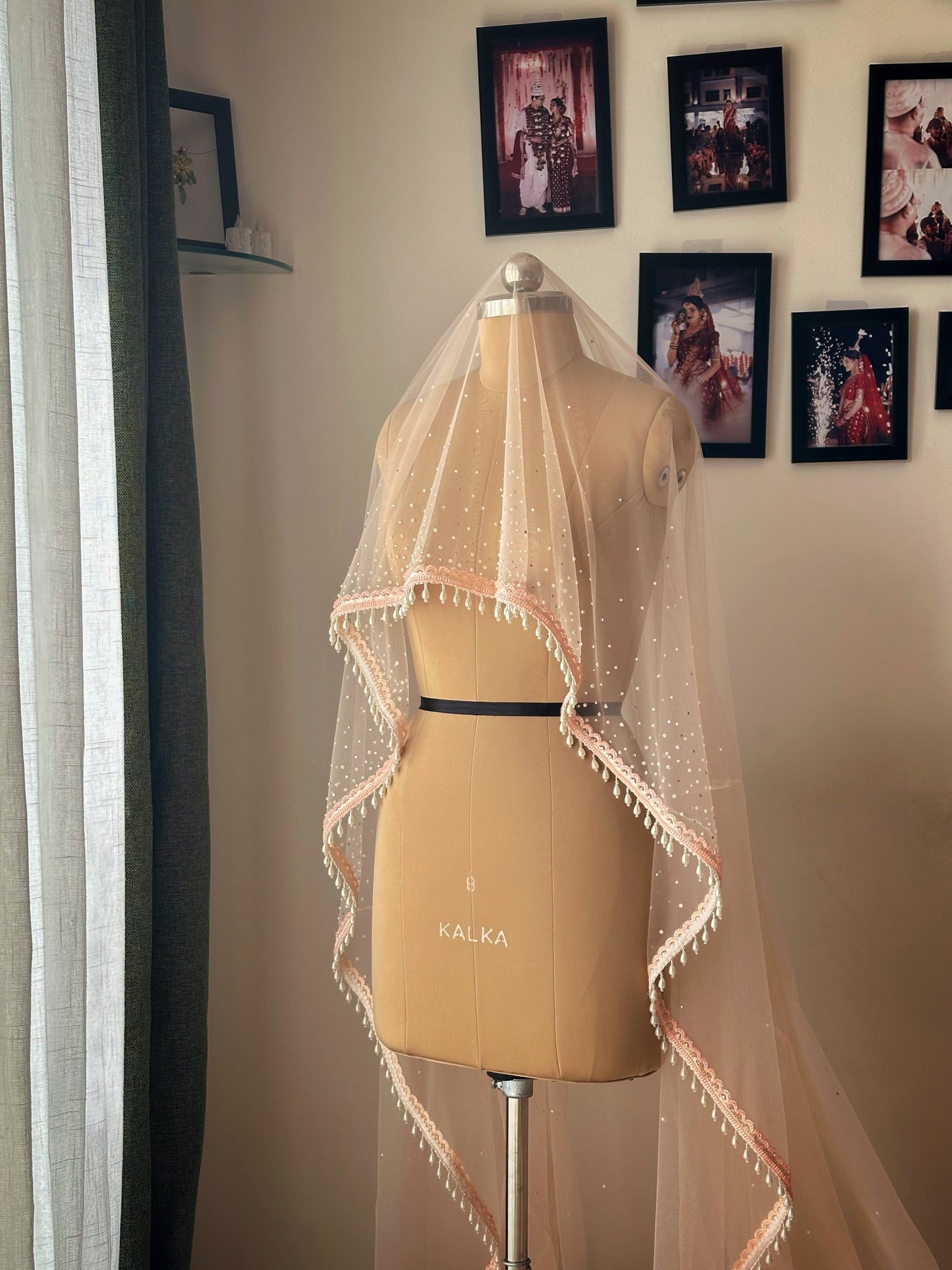 Peach Ombre Pearl-Stone Bridal Veil | Cathedral Length with Pearl Drops