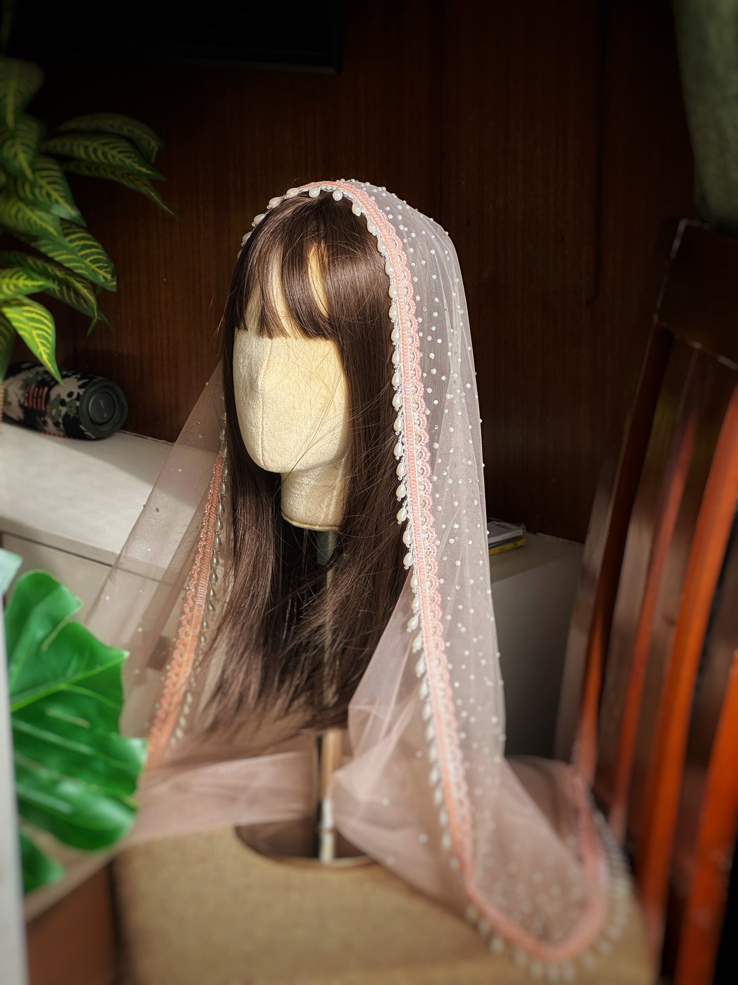 Peach Ombre Pearl-Stone Bridal Veil | Cathedral Length with Pearl Drops