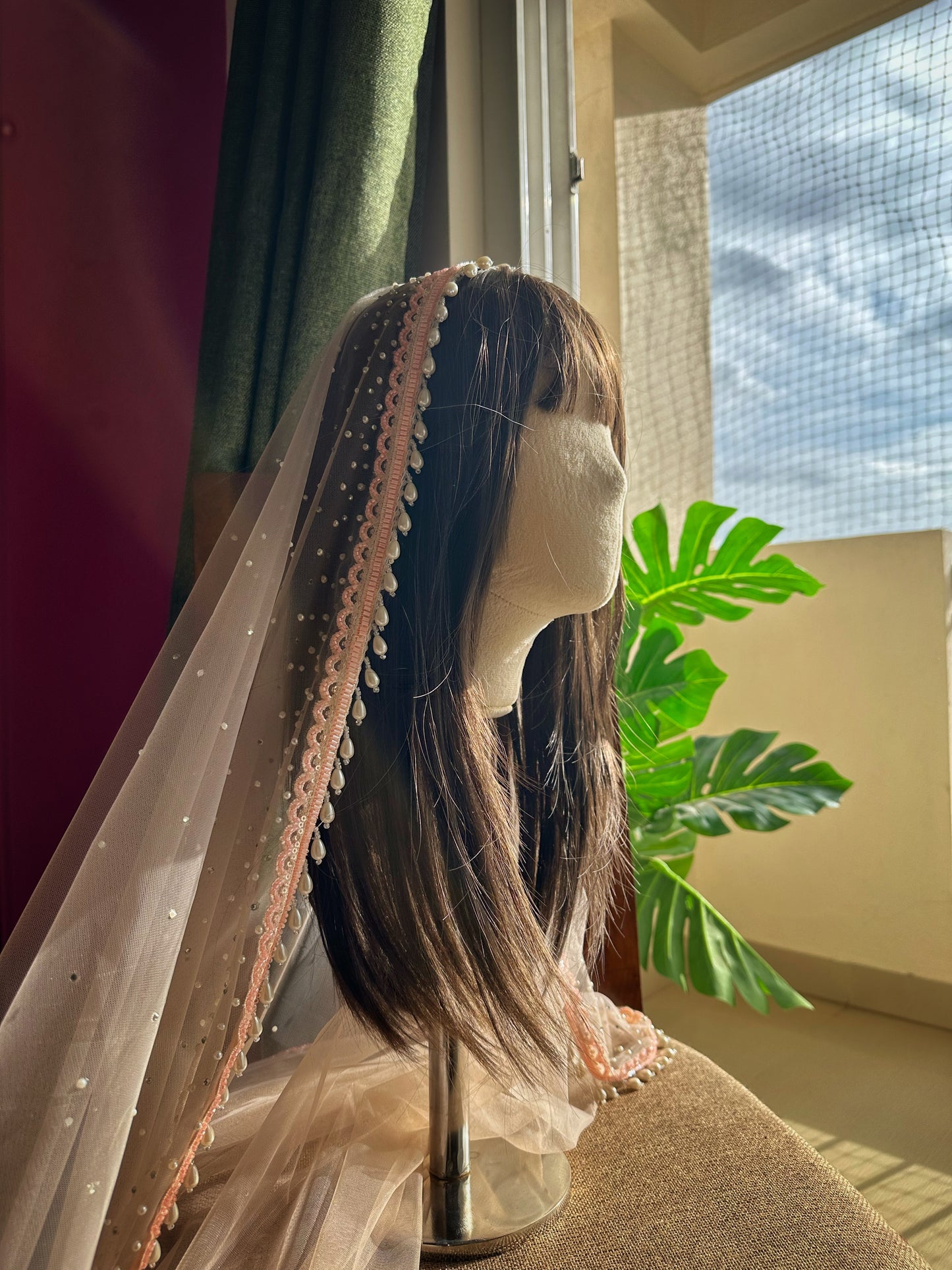 Peach Ombre Pearl-Stone Bridal Veil | Cathedral Length with Pearl Drops