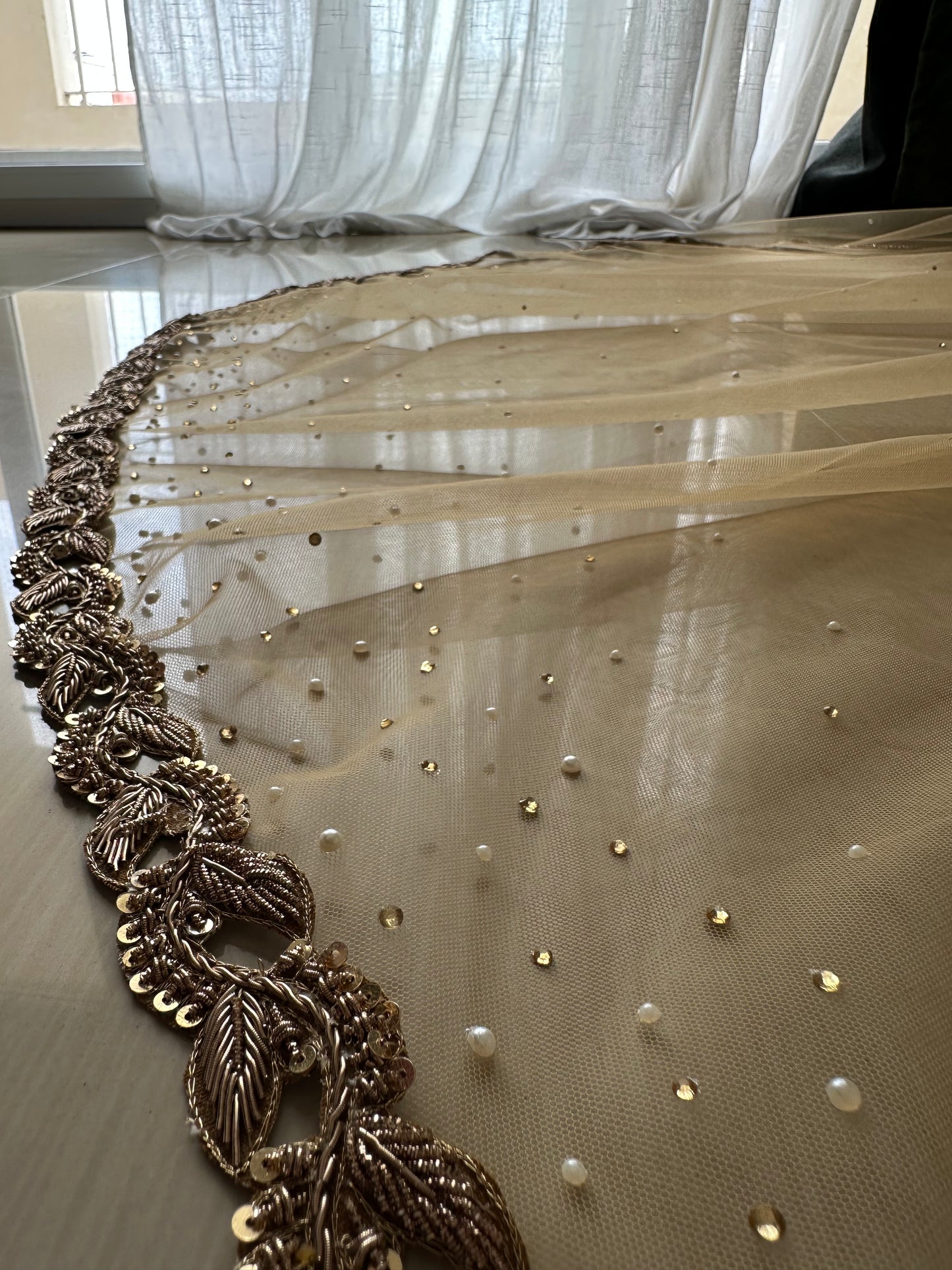Celestial Noor: Gold Tulle Zardozi Pearl Veil