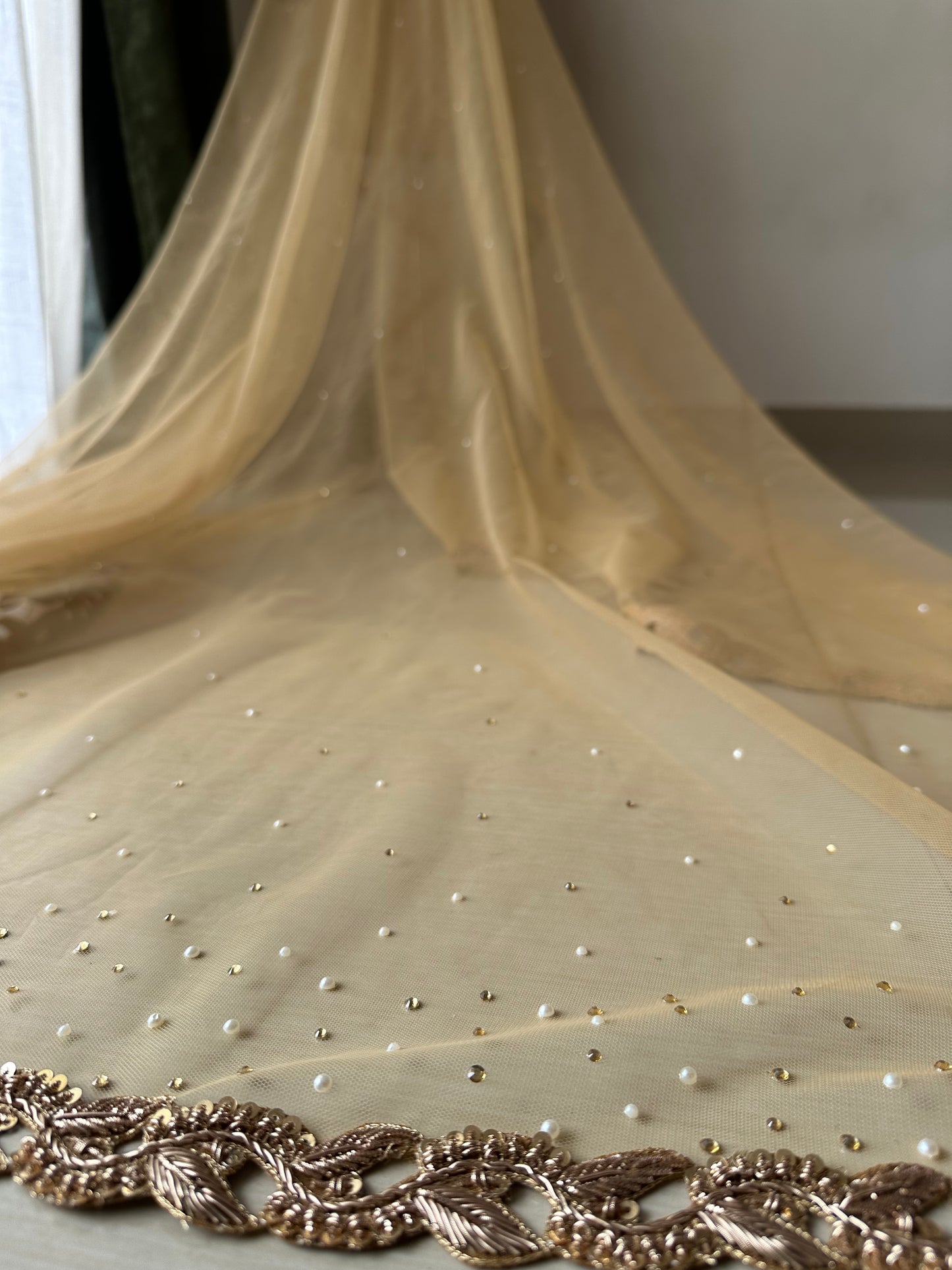 Celestial Noor: Gold Tulle Zardozi Pearl Veil