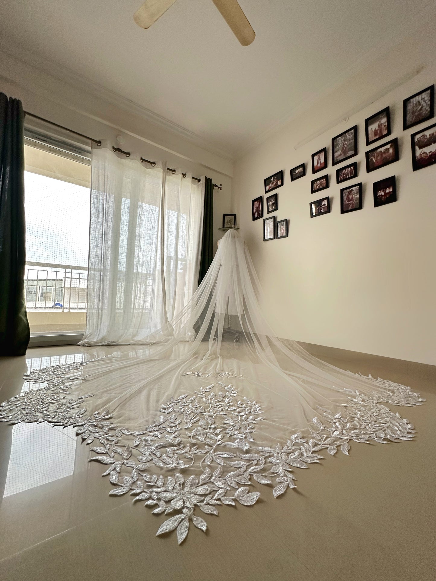 A Leafy Affair : Hand-Embroidered White Cathedral Veil with Signature Name Detail