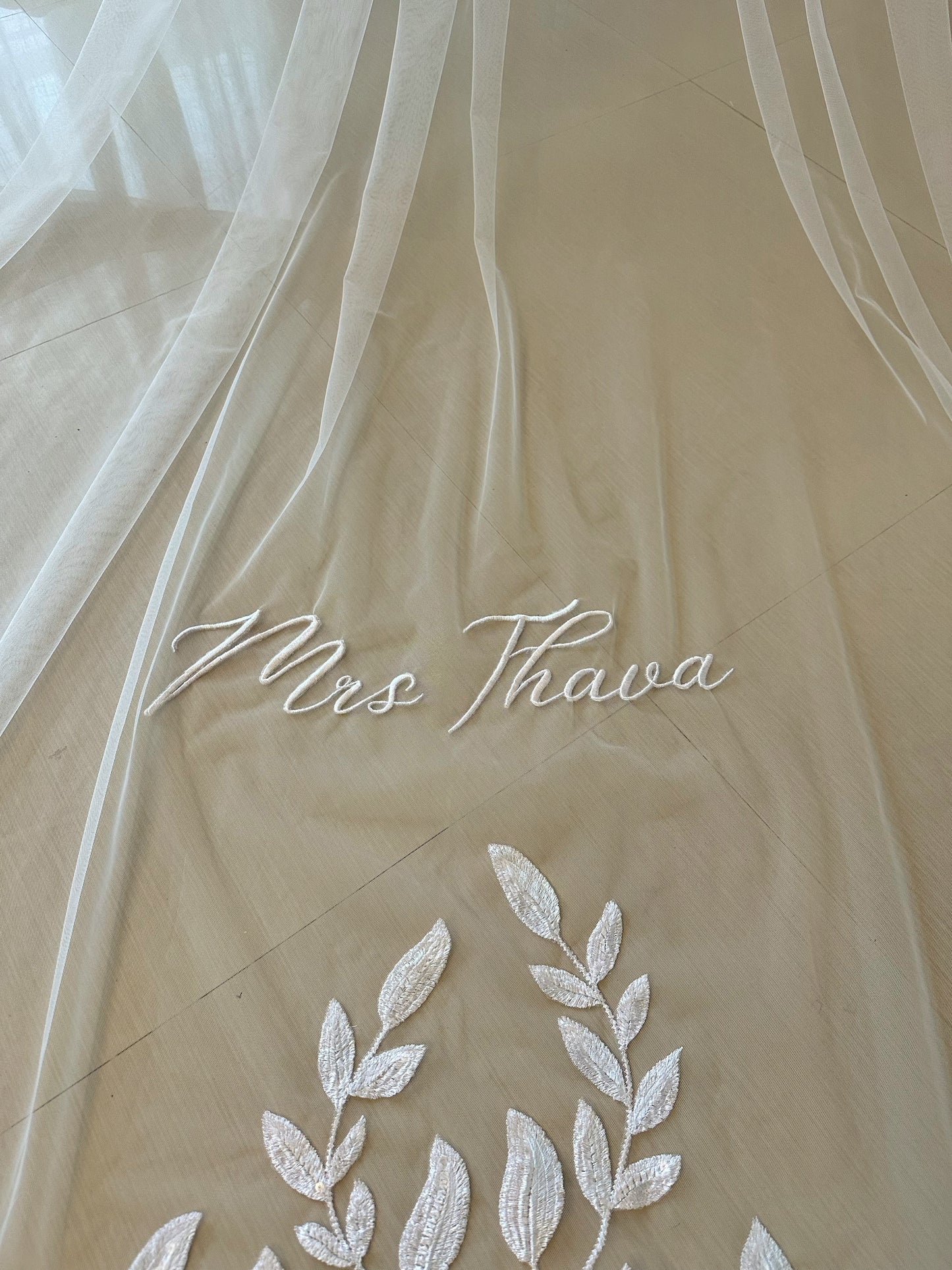 A Leafy Affair : Hand-Embroidered White Cathedral Veil with Signature Name Detail