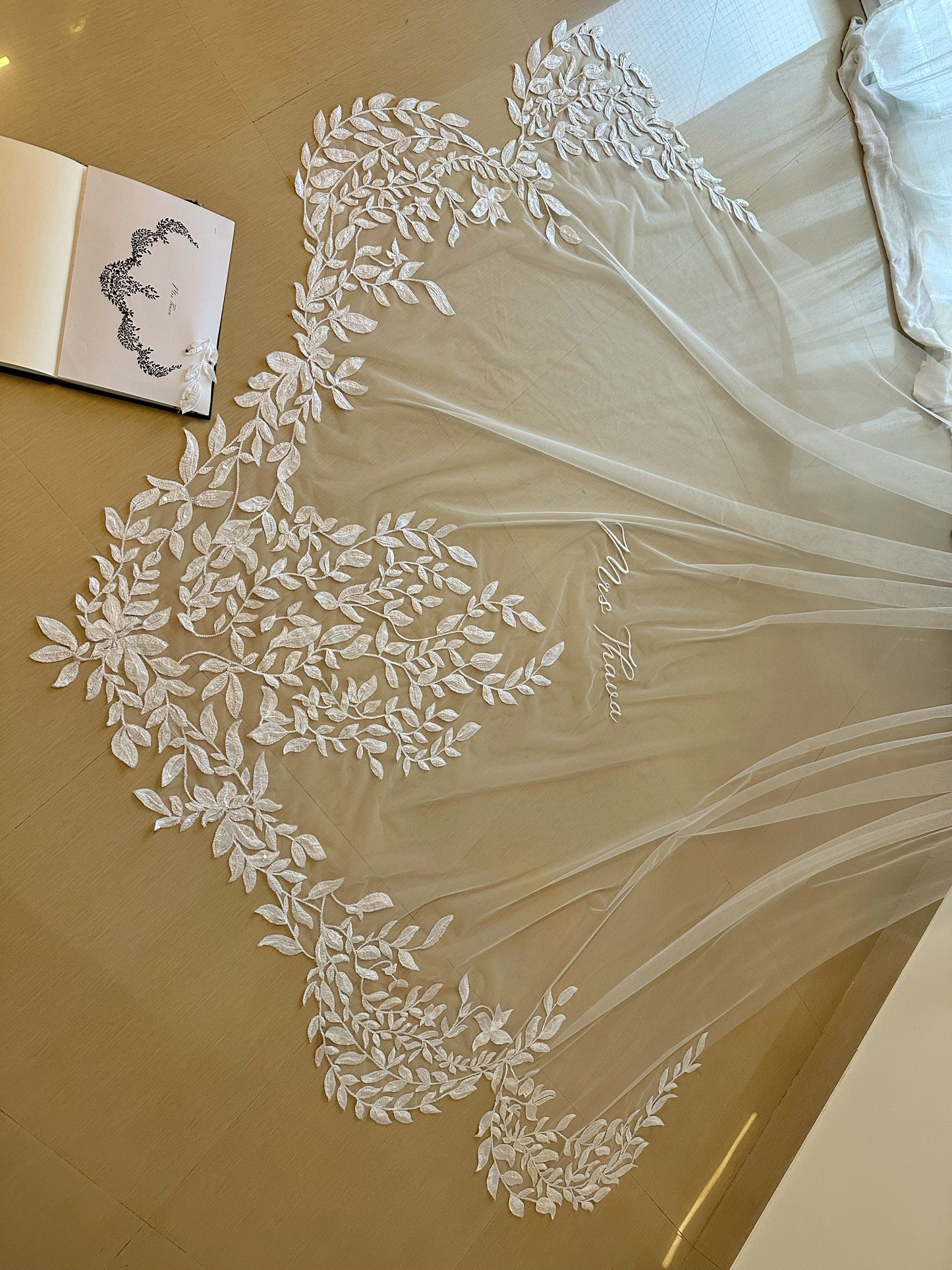 A Leafy Affair : Hand-Embroidered White Cathedral Veil with Signature Name Detail