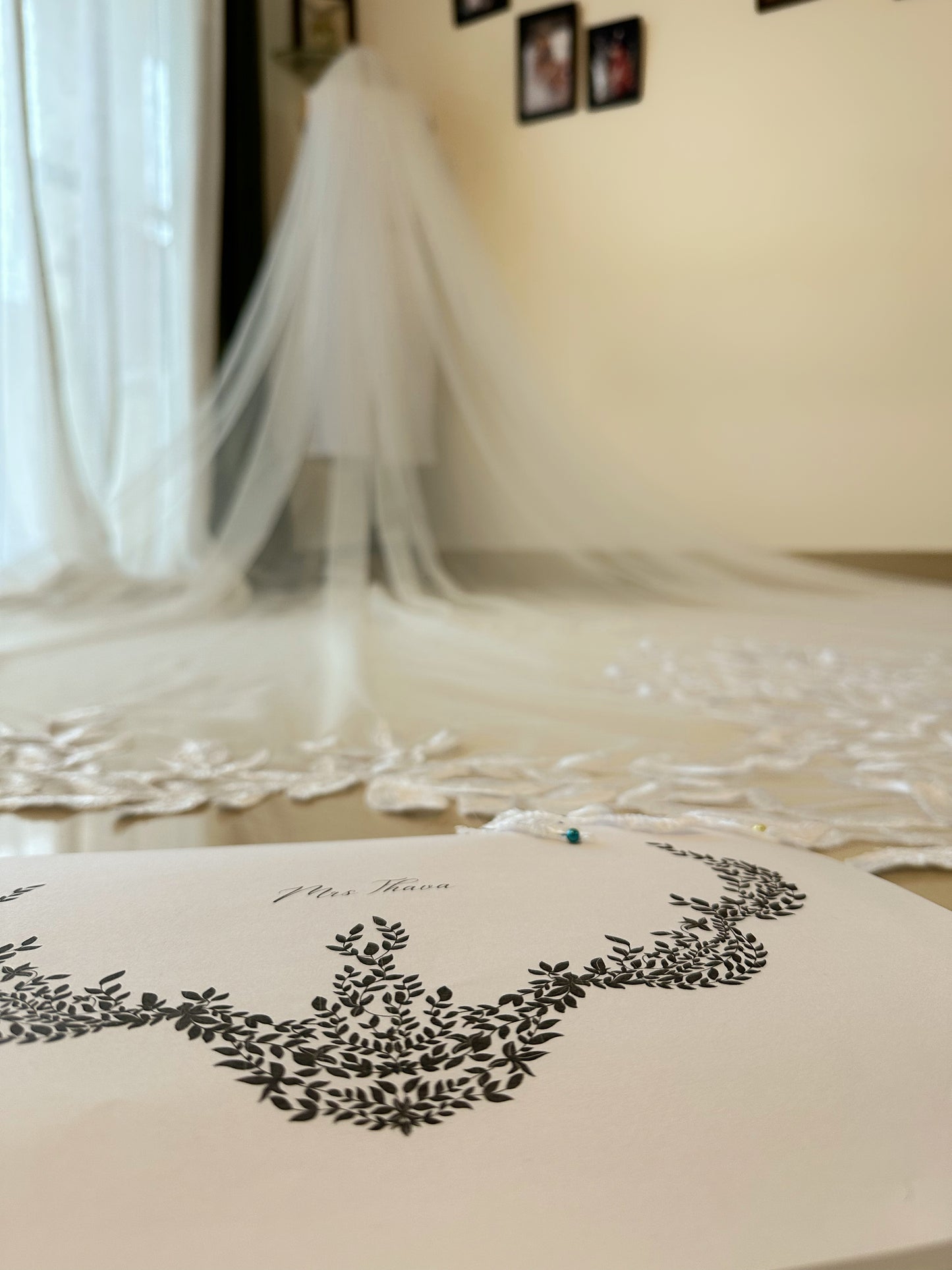 A Leafy Affair : Hand-Embroidered White Cathedral Veil with Signature Name Detail