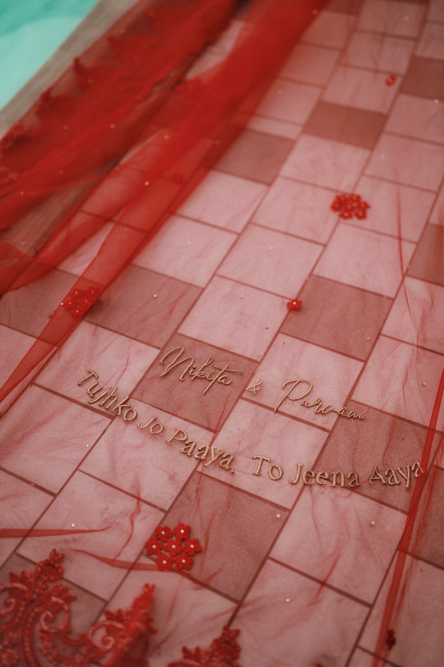 Royal Affair : Monochrome red Veil with personalised names
