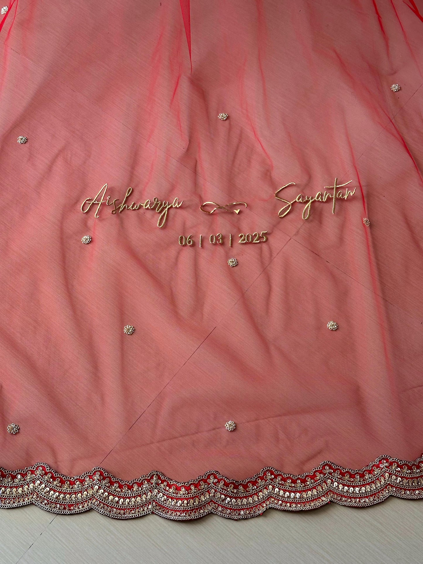 Aishwarya : A Classic Red Veil with name personalisation and scalloped handcrafted pre-made border