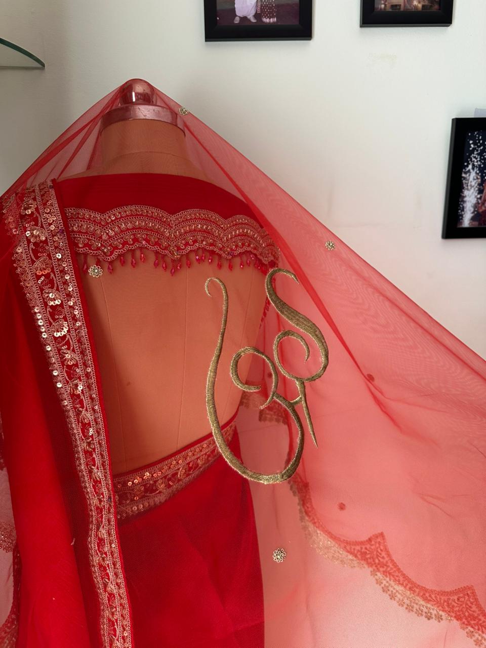 Sarandha : A Classic Red Veil with Wedding Logo and couple’s name with date