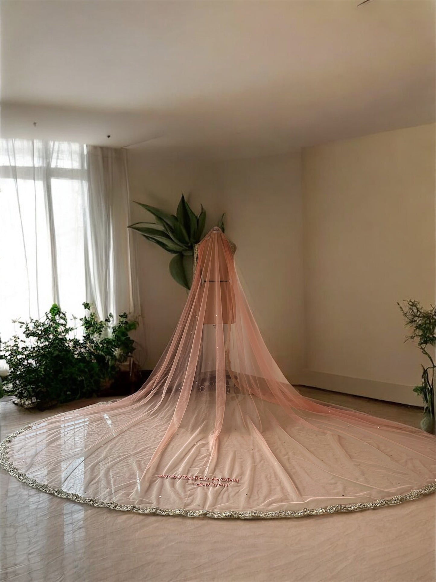 Peachy Love : No-Join Peach Veil in Luxe Illusion Tulle