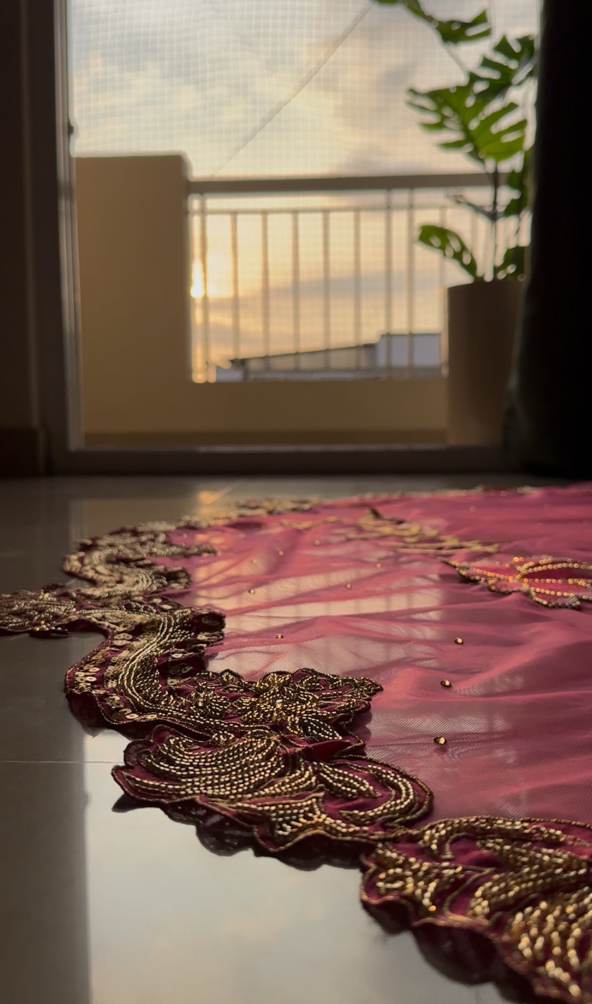 Padmavati: A Custom pink Bridal Veil with Embroidered Border & Lotus Personalisation