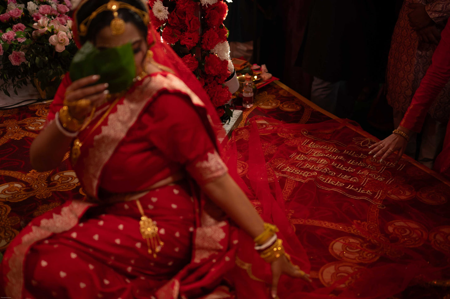 Suchipatra : A Handcrafted Red Cathedral Bridal Veil with Bengali fonts personalised