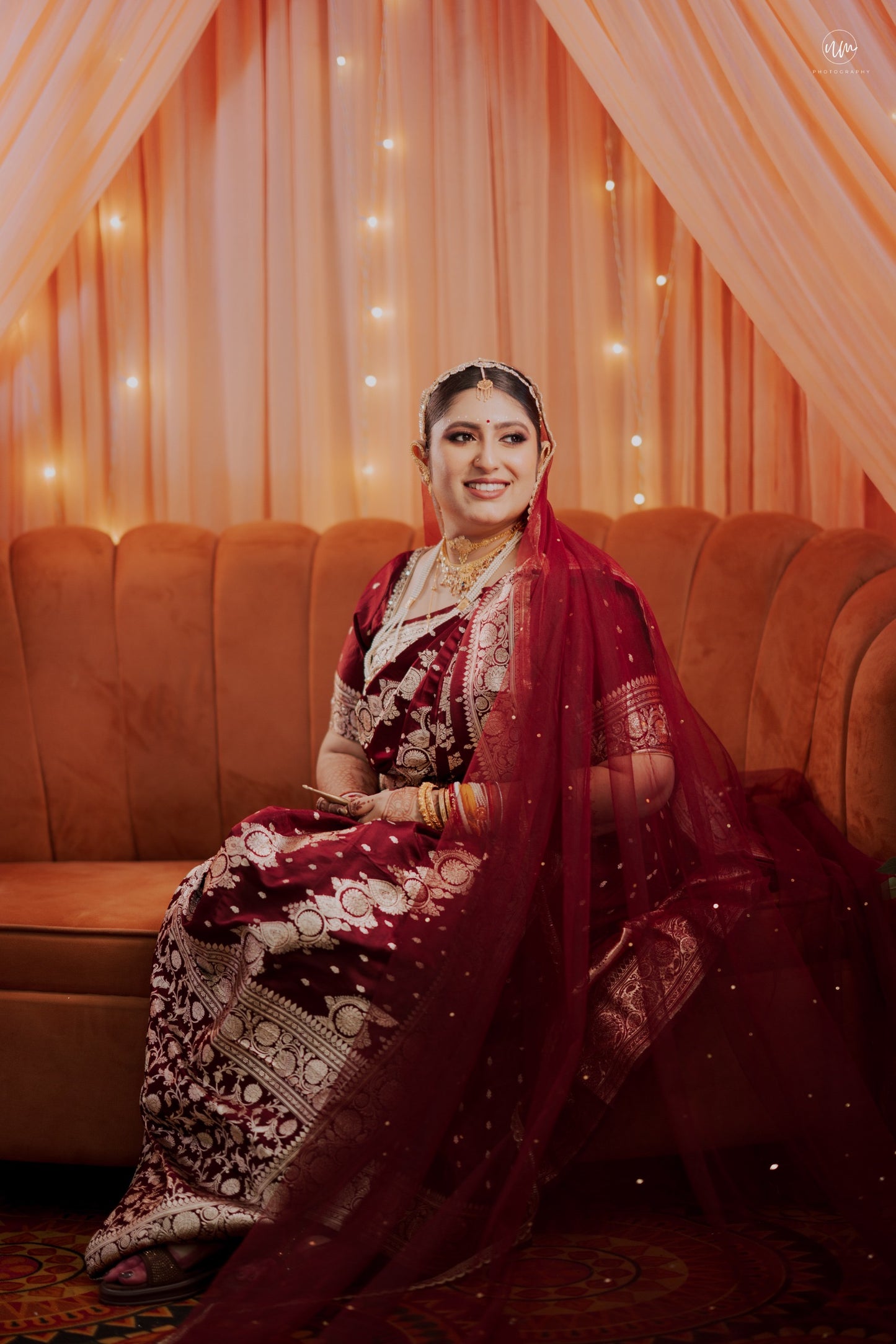 Elara : Minimal border chapel length veil with names of bride and groom personalised