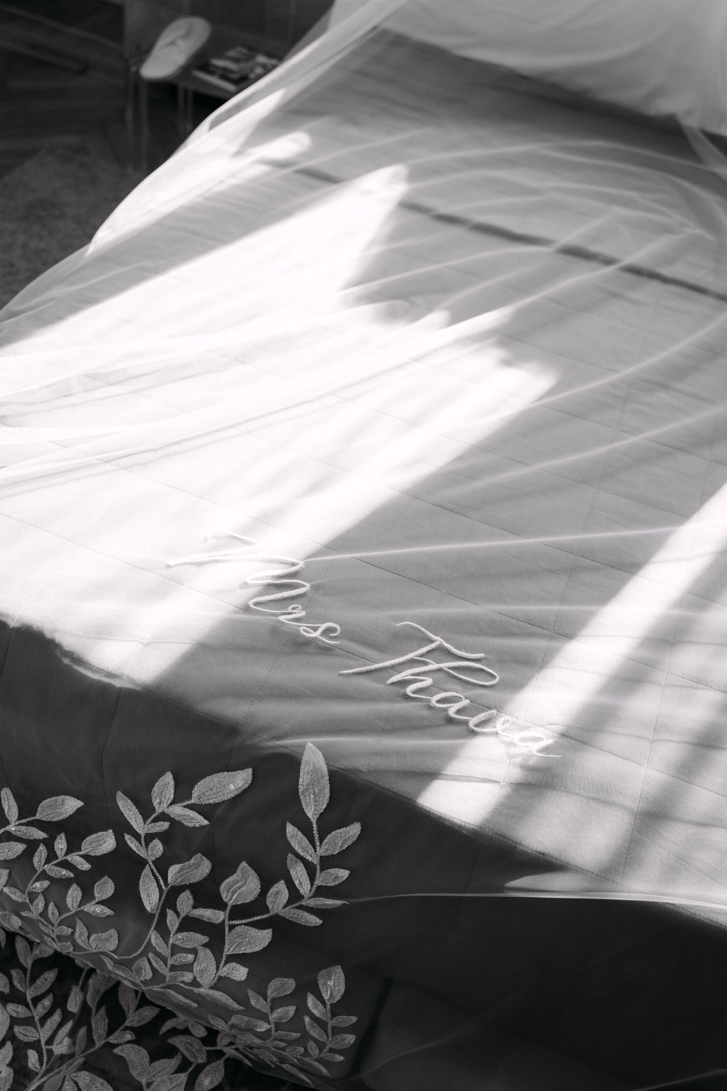 A Leafy Affair : Hand-Embroidered Ivory White Cathedral Veil with Signature Name Detail