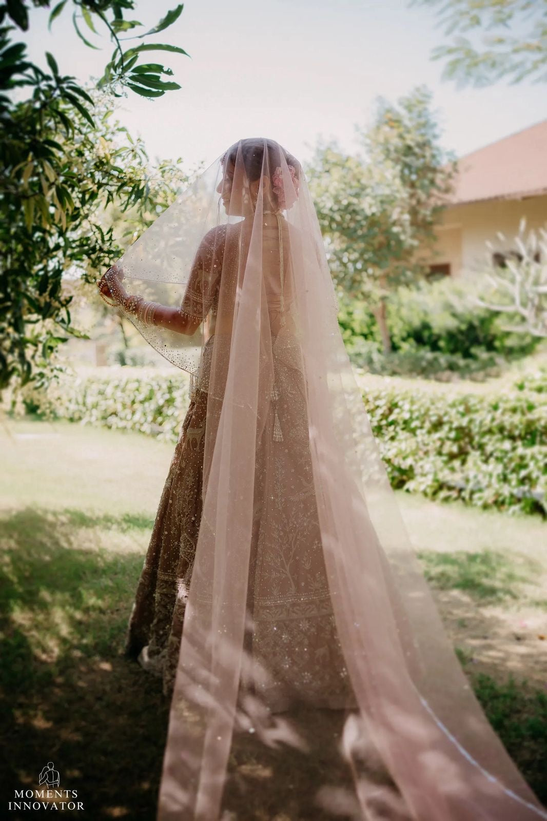 Stardust – A Dusky Pink Hand-Studded Mirrored Bridal Veil with Ombre Embellishments