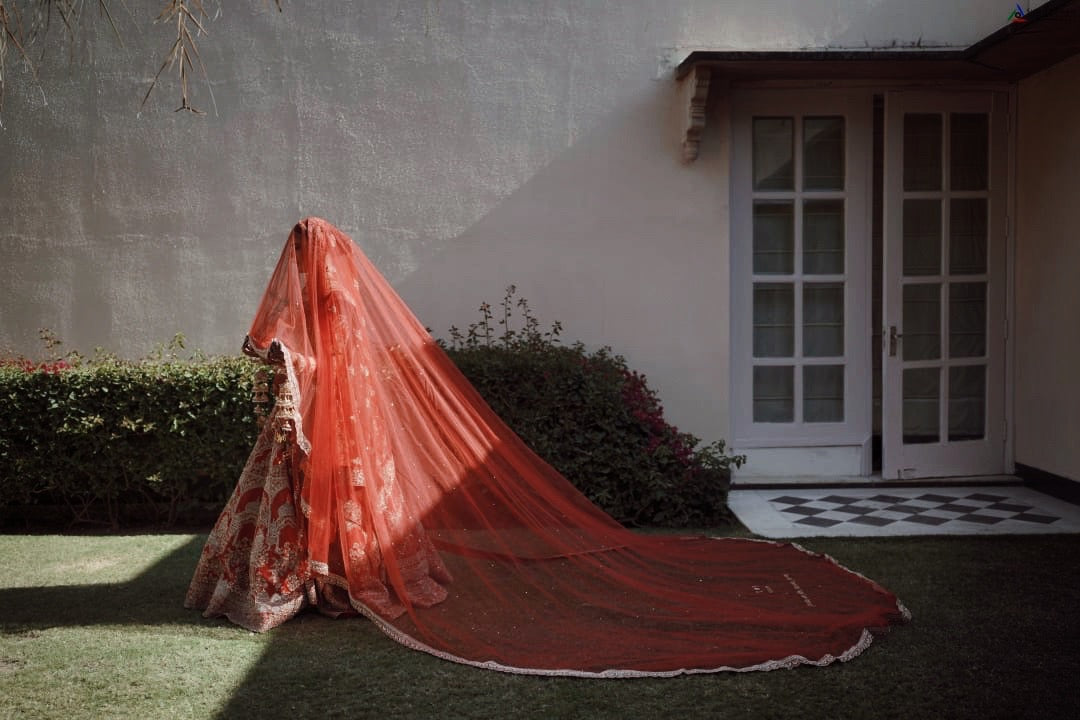 Scarlet Veda - Cathedral length Red veil with Sanskrit quote personalised