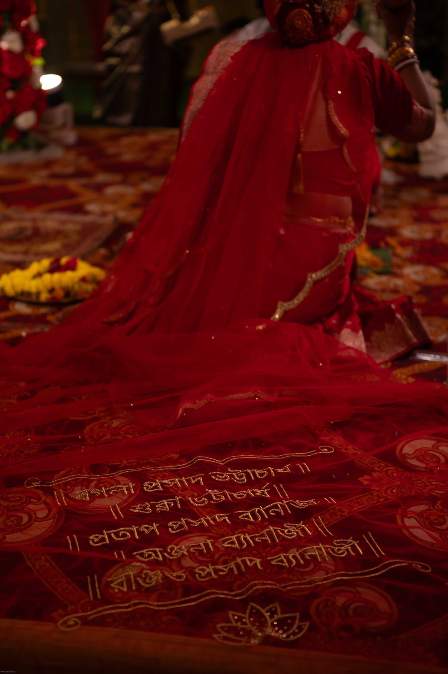 Suchipatra : A Handcrafted Red Cathedral Bridal Veil with Bengali fonts personalised