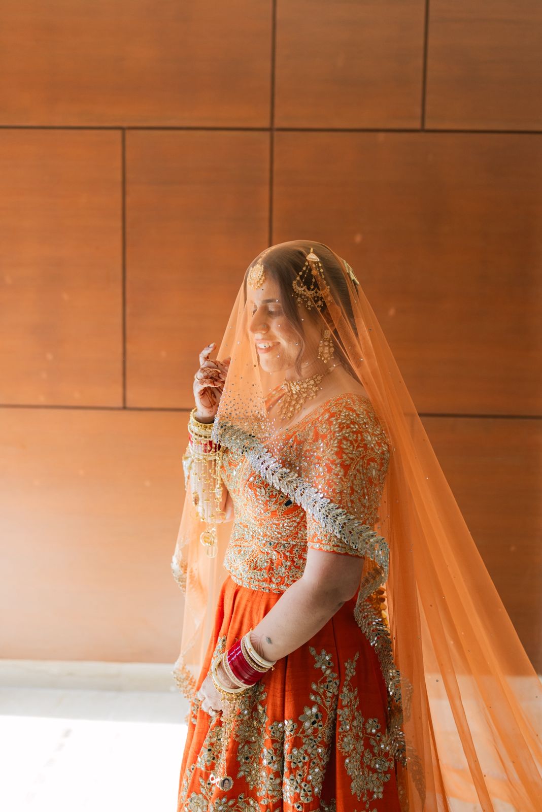 Kesariya : A Coral mirrored Cathedral length Bridal Veil with embroidered personalisations