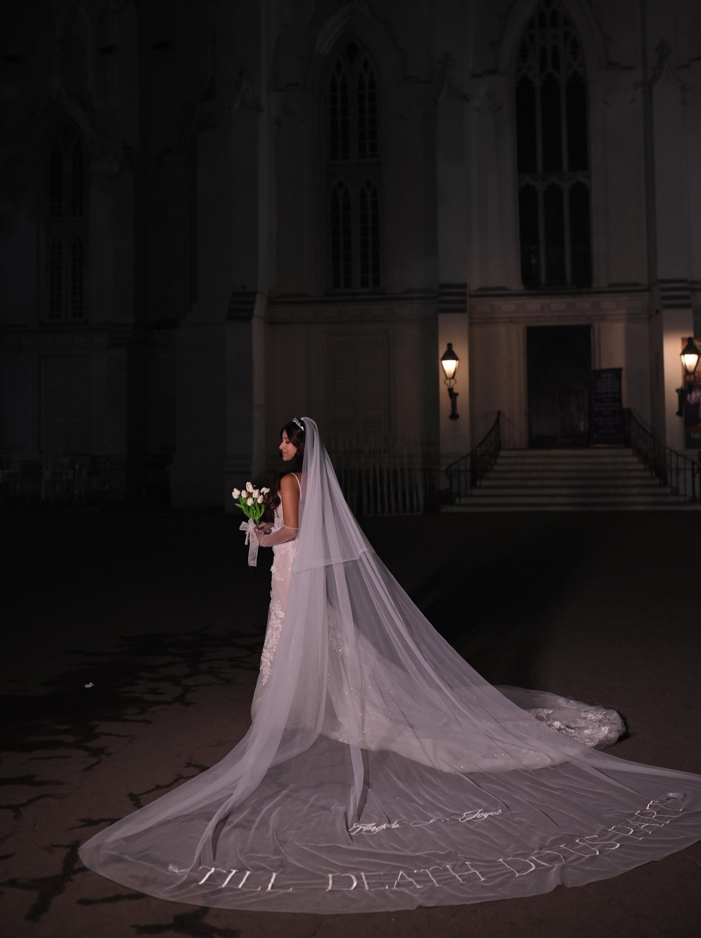 Hailey : "Till Death Do Us Part" quoted 2-tier Ivory white Cathedral Length Veil