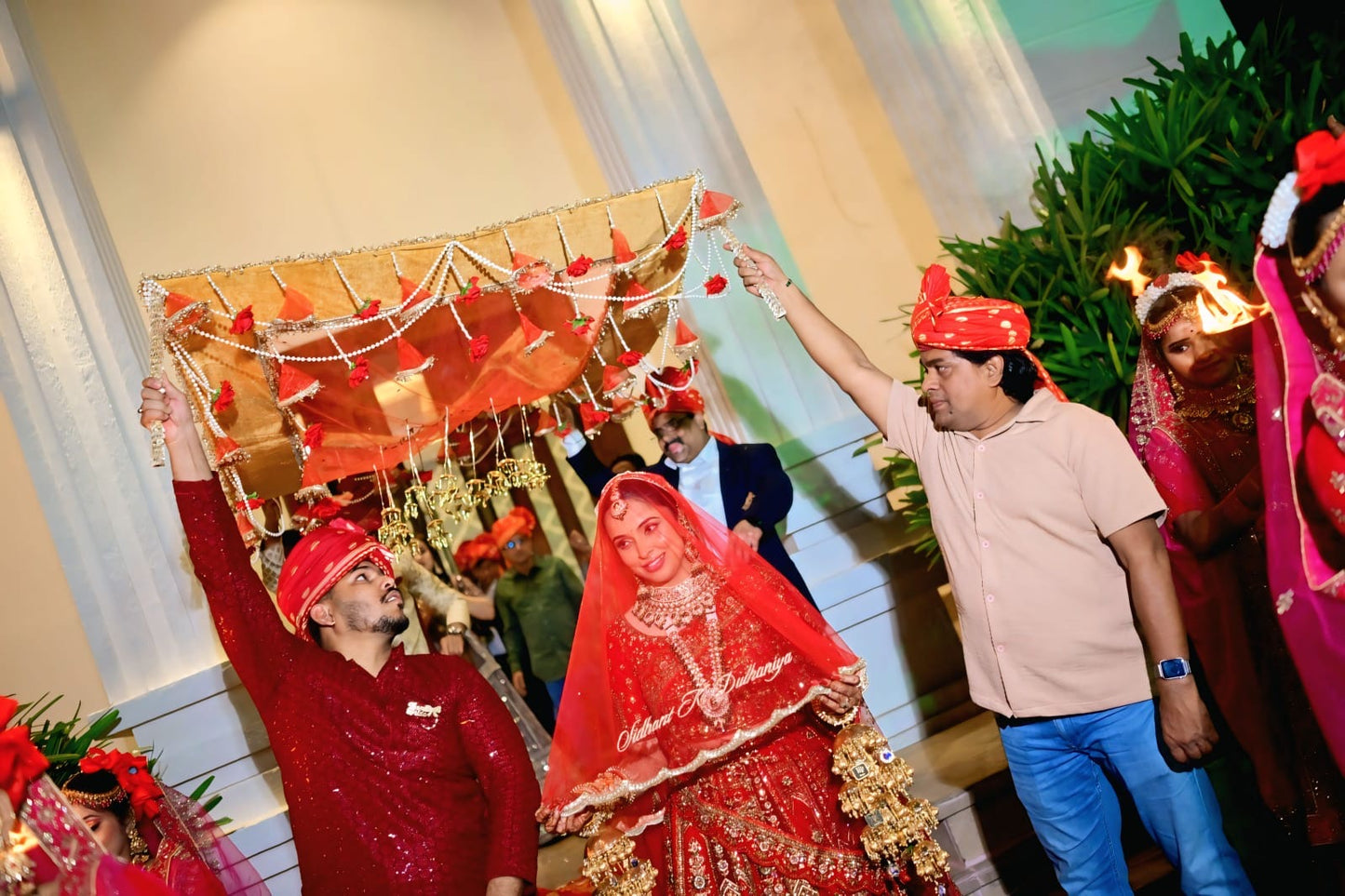 Saat Vachan – Custom Red Cathedral Veil with Couple's hashtag Embroidery