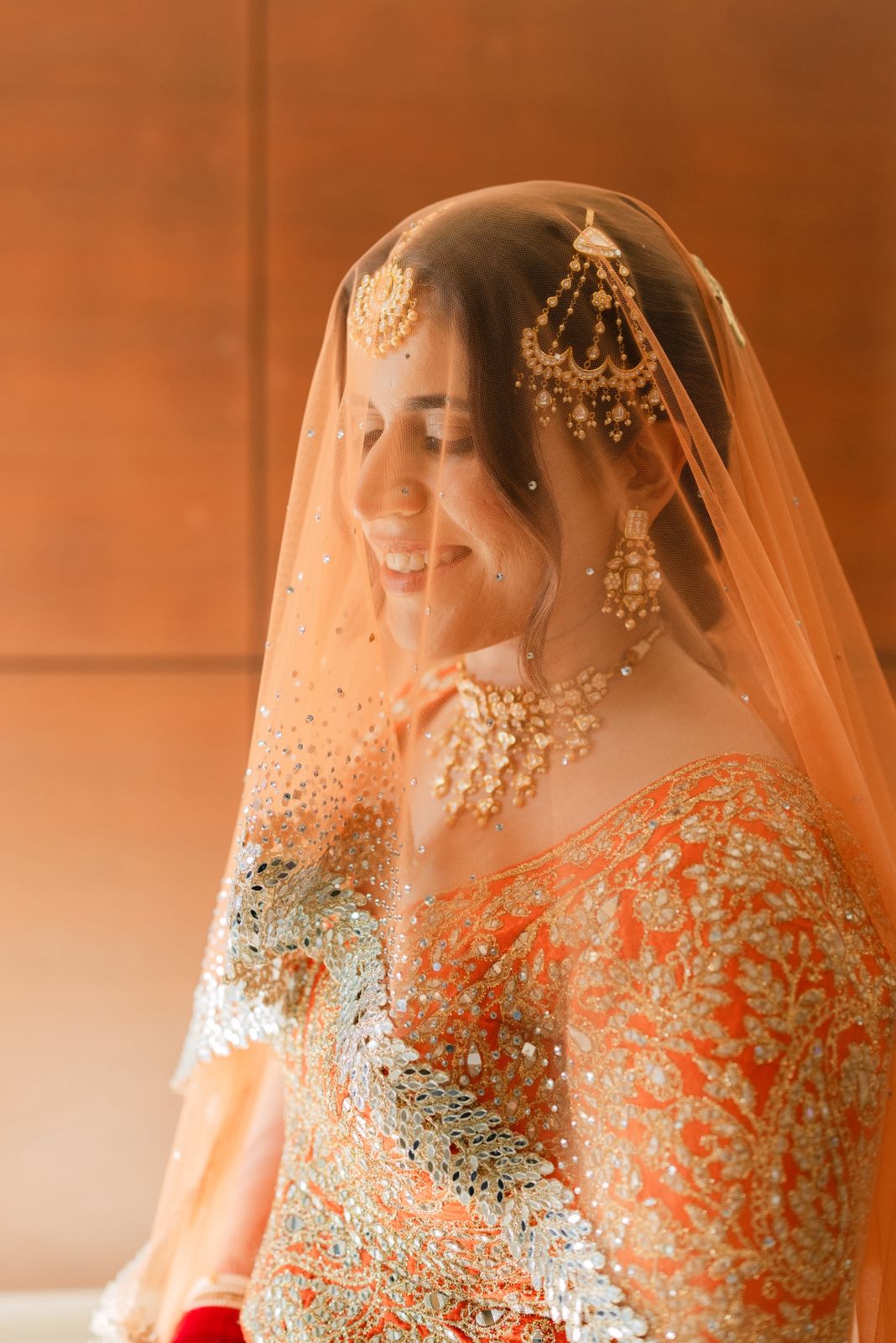 Kesariya : A Coral mirrored Cathedral length Bridal Veil with embroidered personalisations