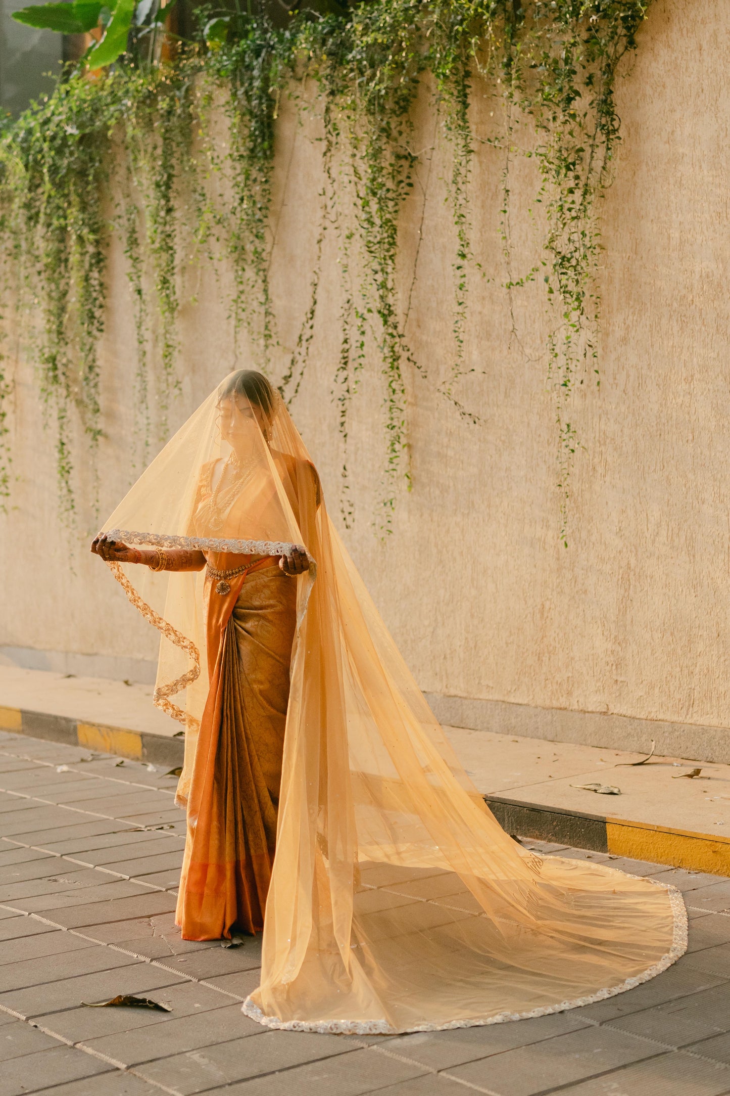 Golden Hour : A Love story veil in Golden with 10 Storytelling Motifs and Cut-work Floral Border