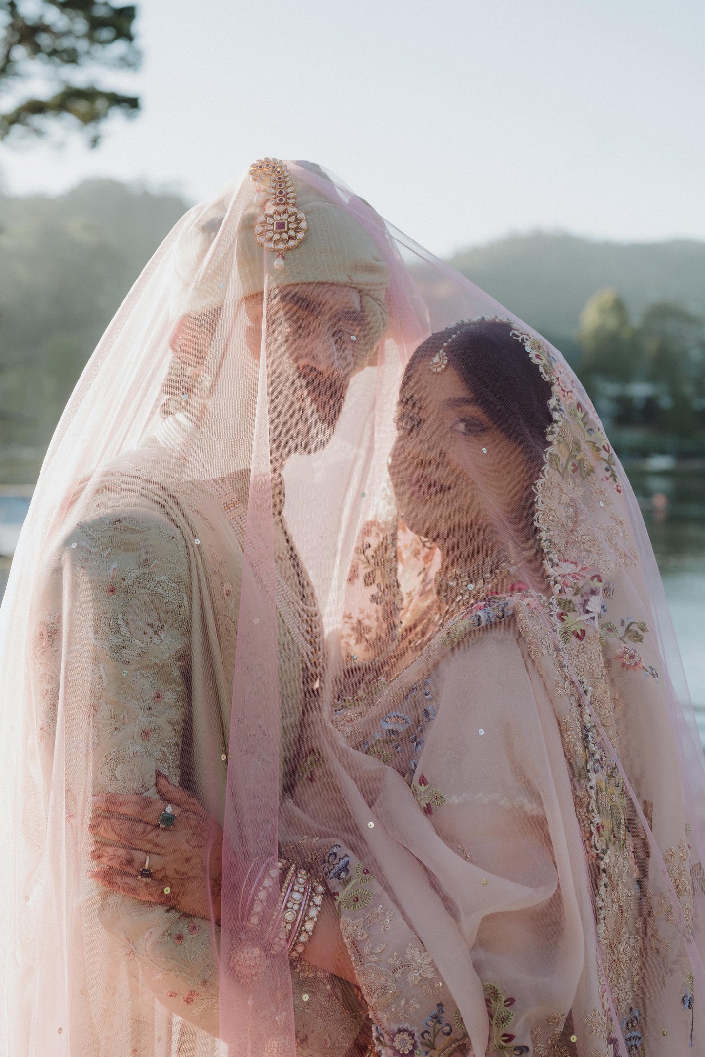 Blush Halo : Baby Pink Cathedral Length Bridal Veil with Sleek Beaded Border