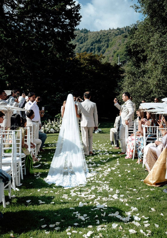 A Leafy Affair : Hand-Embroidered Ivory White Cathedral Veil with Signature Name Detail