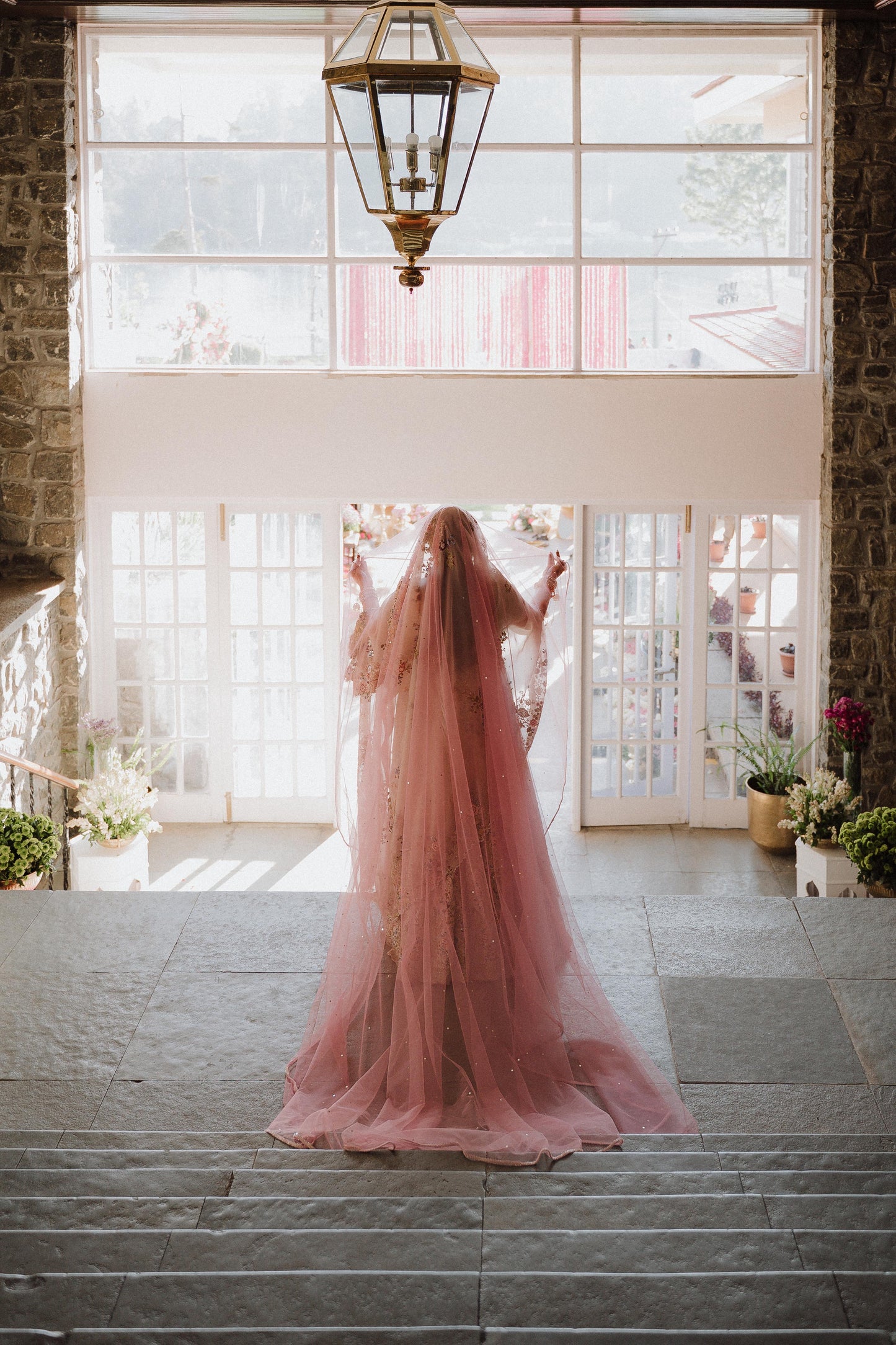 Blush Halo : Baby Pink Cathedral Length Bridal Veil with Sleek Beaded Border