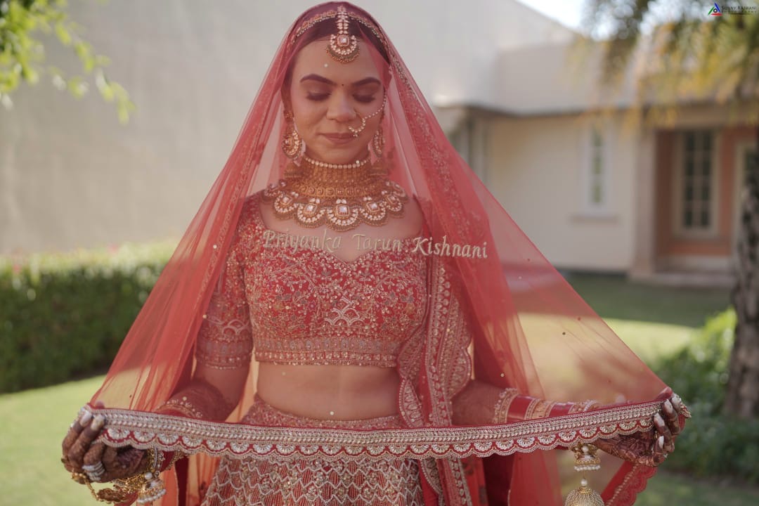 Scarlet Veda - Cathedral length Red veil with Sanskrit quote personalised