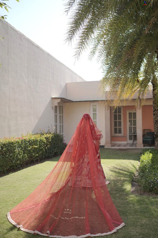 Scarlet Veda - Cathedral length Red veil with Sanskrit quote personalised