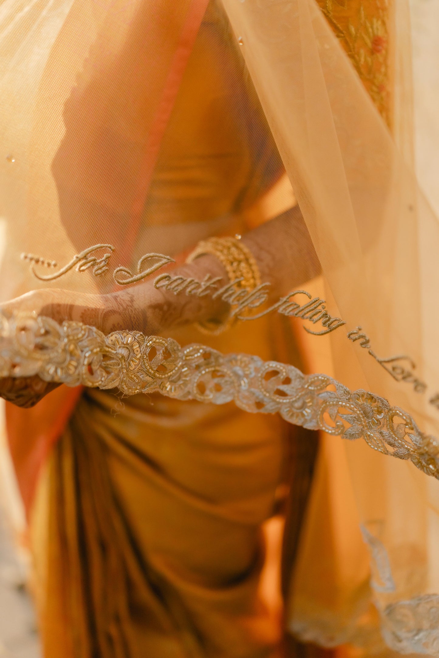 Golden Hour : A Love story veil in Golden with 10 Storytelling Motifs and Cut-work Floral Border