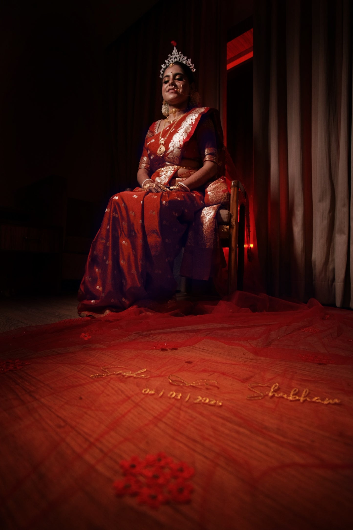 Ever Thine – Romantic Red Veil with Bride & Groom Names in Custom Embroidery
