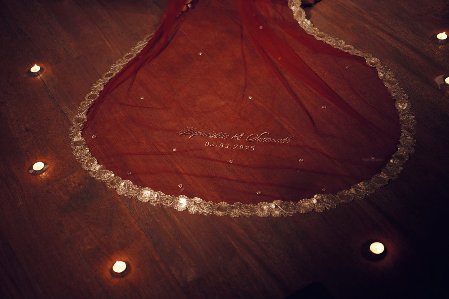 The Origin Veil — Personalized Edition || Maroon-Gold Classic - Stone studded Cathedral Length Veil