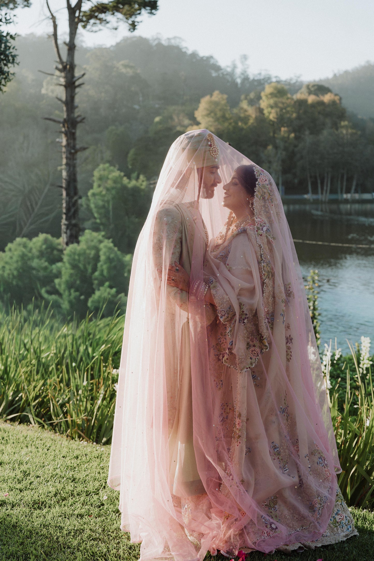 Blush Halo : Baby Pink Cathedral Length Bridal Veil with Sleek Beaded Border