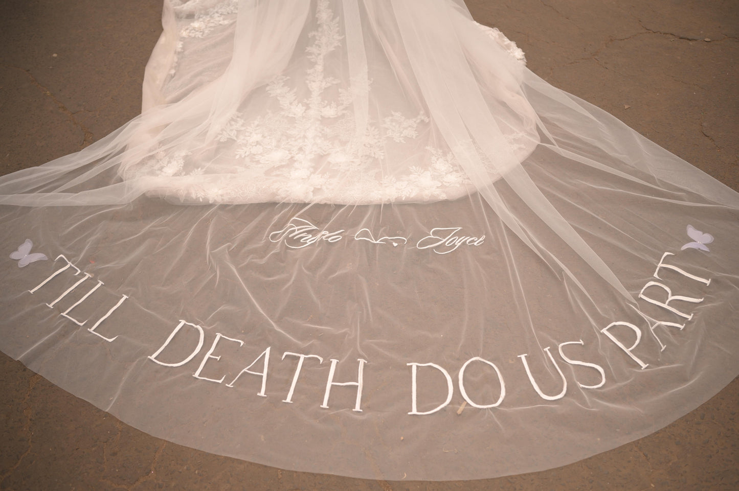 Hailey : "Till Death Do Us Part" quoted 2-tier Ivory white Cathedral Length Veil