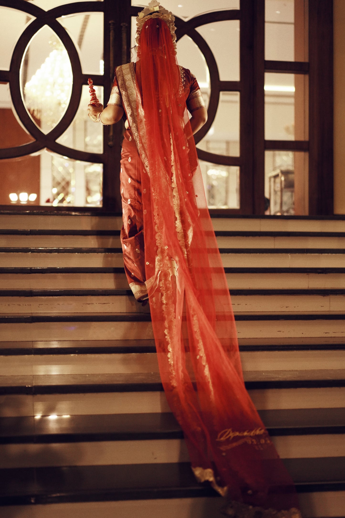 The Origin Veil — Personalized Edition || Maroon-Gold Classic - Stone studded Cathedral Length Veil