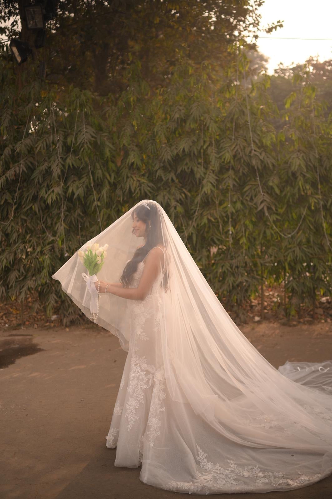 Hailey : "Till Death Do Us Part" quoted 2-tier Ivory white Cathedral Length Veil