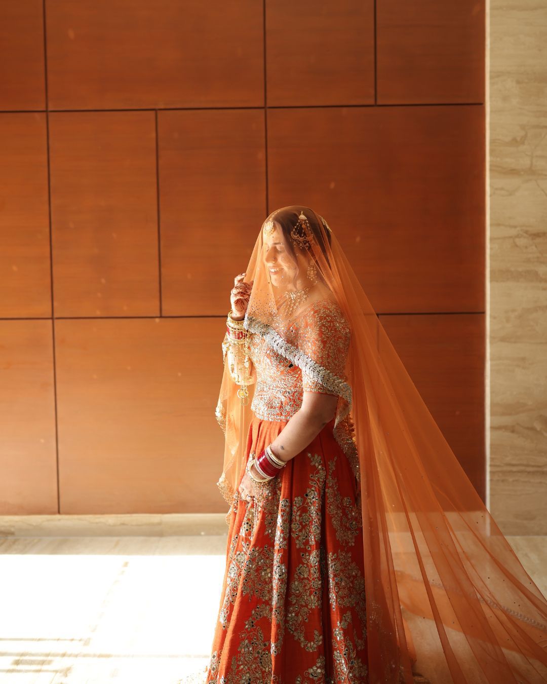 Kesariya : A Coral mirrored Cathedral length Bridal Veil with embroidered personalisations