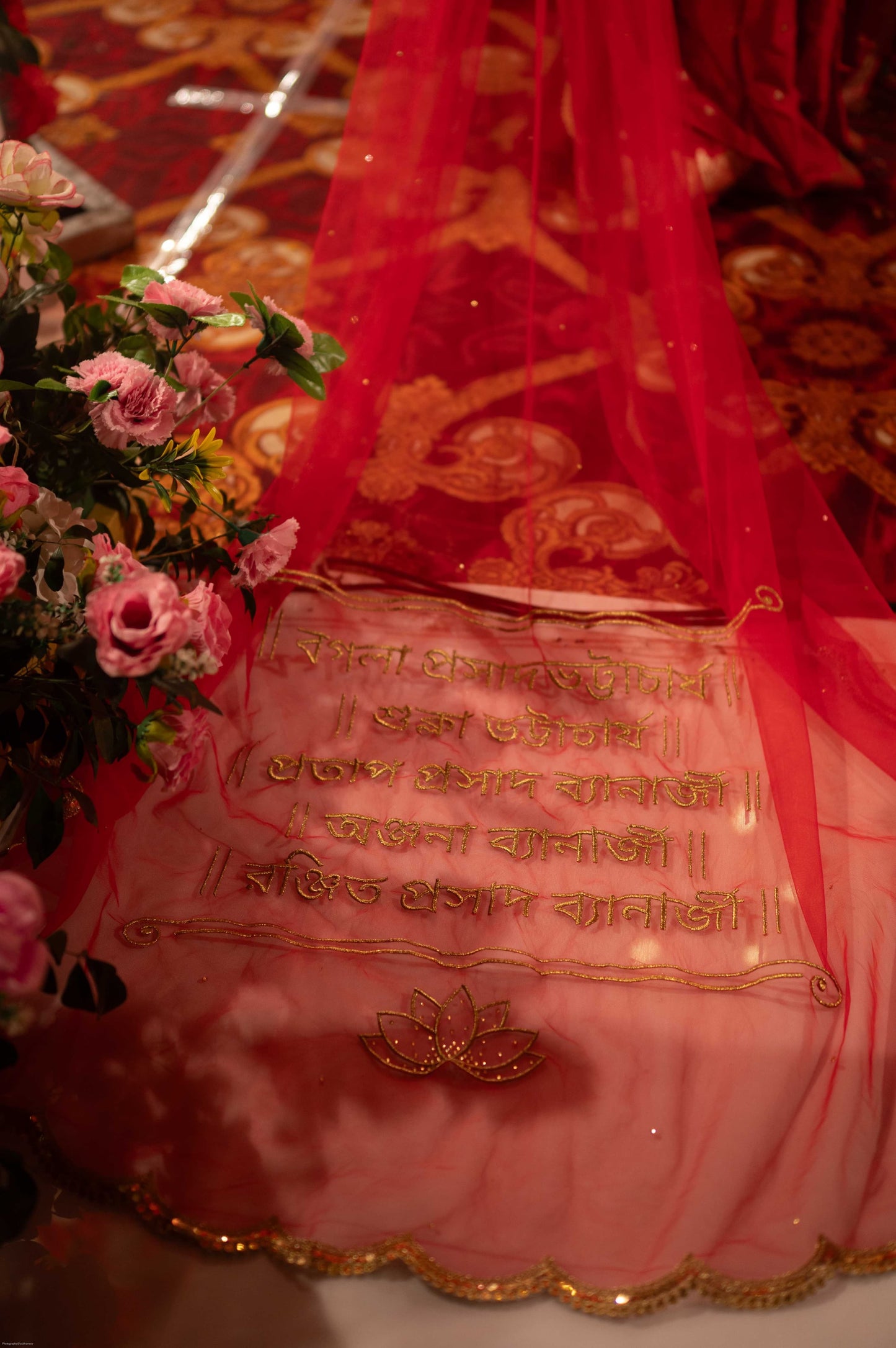 Suchipatra : A Handcrafted Red Cathedral Bridal Veil with Bengali fonts personalised