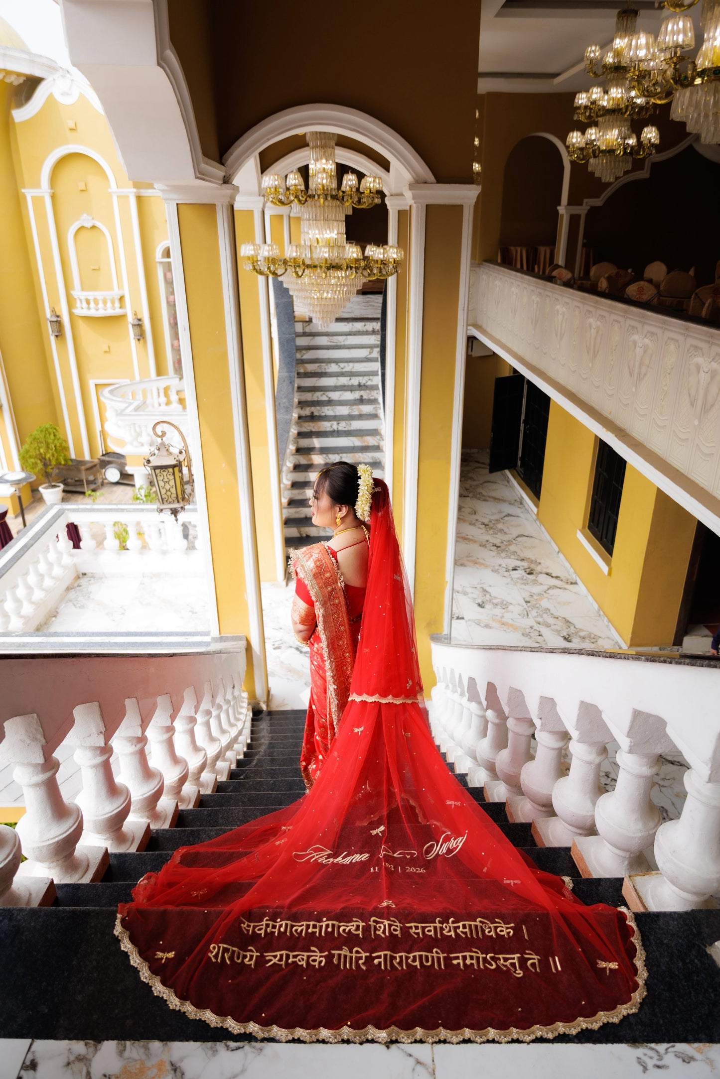 Enchanted Wings : Classic Red Bridal Veil with Stone-Studded Dragonflies & shlokas